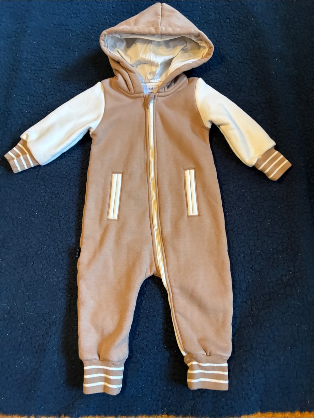 Olive + scout Cozy Hooded One-Piece Bodysuit in Camel & Cream
